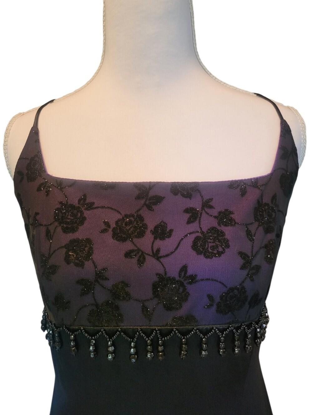 90s Hyphen Black Purple Floral Beaded Formal Floor Length Dress - Picture 2 of 8